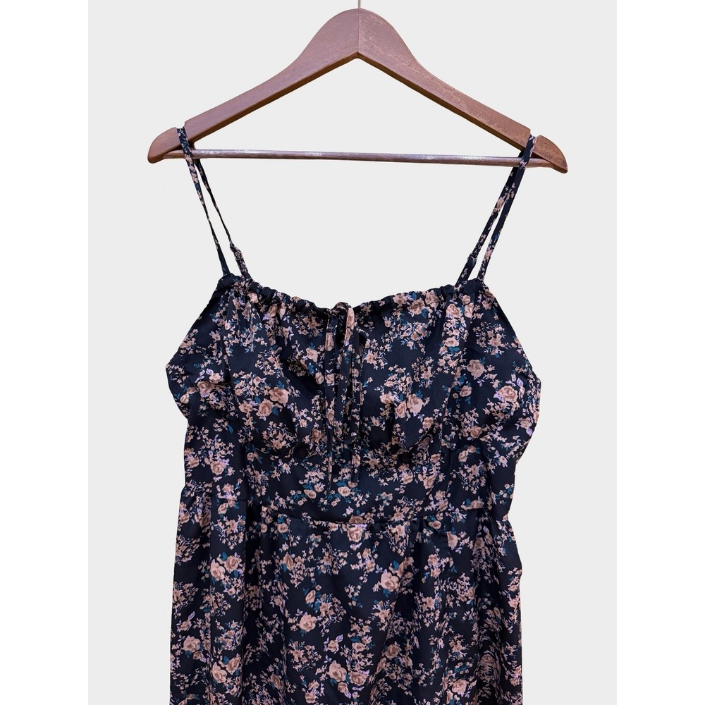 Shein Black Floral Midi Dress Smocked Back Tie Front 1XL Cottagecore Boho - Picture 3 of 10
